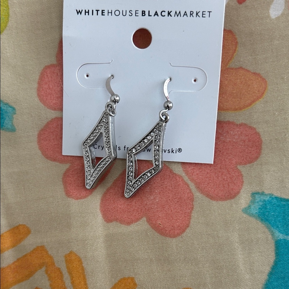 White House Black Market Silver Crystal Open Geometric Drop Earrings